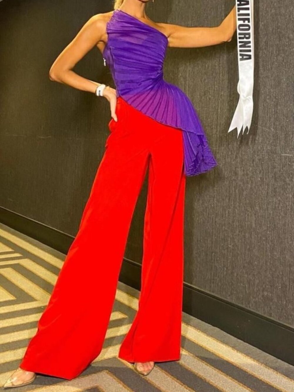 Vibrant Two-Tone Jumpsuit | One-Shoulder Pleated Top & Wide-Leg Pant